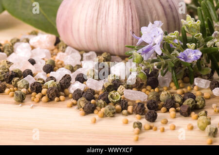 Les herbes et les épices. rosematy, ail, laurier, poivre, muscade, alt, vanille, cardamome Banque D'Images
