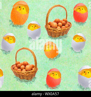 Seamless background dessin - Pâques, du poulet dans une coquille et un panier avec des œufs sur un green backgroun Banque D'Images