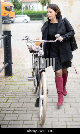 Potsdam, Allemagne. 16 Sep, 2019. Annalena Baerbock, présidente fédérale des Verts, vient en vélo pour les entretiens exploratoires de SPD, CDU et verts. Credit : Soeren Stache/dpa-Zentralbild/dpa/Alamy Live News Banque D'Images
