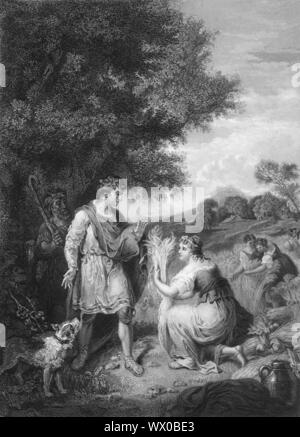 'Boaz dit à Ruth, rendez-vous à ne pas glaner dans un autre champ', 1840. Scène biblique, de Ruth 2 : 8 : 'Et Boaz dit à Ruth : n'entends-tu pas, ma fille ? Rendez-vous à ne pas glaner dans un autre champ, ni rendez-vous d'ici, mais ici avec mes filles :'. Le propriétaire foncier Boaz laisse délibérément de grain pour la veuve Ruth, qui recueille les restes (ils glanent les cultures des champs des agriculteurs après qu'ils ont été récoltés), d'offrir pour elle et sa belle-mère, Naomi, qui était aussi une veuve. Gravure d'après une peinture de 1790 par Francis Wheatley. Banque D'Images