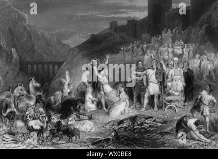 "La destruction de l'Acan et ses enfants dans la vallée d'Acor', 19e siècle. Scène biblique, de Josué 7 : : '24 et Josué, et tout Israël avec lui prirent Acan, fils de Zérakh, et l'argent, et le manteau, et le lingot d'or, et ses fils, et ses filles, et ses boeufs, et ses ânes, ses brebis, sa tente, et tout ce qui lui appartenait ; et ils les amenèrent dans la vallée d'Acor. "Pourquoi as-tu fait de mal sur nous ?" dit Joshua. "Aujourd'hui, le Seigneur nous apporter des ennuis sur vous !" Et tout Israël le lapida à mort. Puis ils ont lapidé et brûlé les autres t Banque D'Images