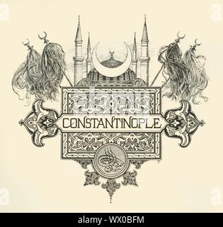 "Constantinople", fin du xixe ou début du xxe siècle. Des armoiries de la ville de Constantinople, capitale de l'Empires Romain, Byzantin et Ottoman. Un croissant de lune est définie sur le dôme et les minarets de Sainte-sophie, flanquée par des normes orné de crin. Banque D'Images