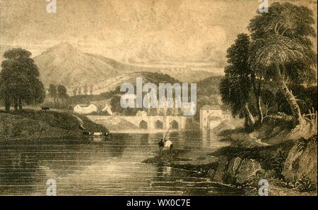 'Pont de Llangollen, Dinas Bran Castle, sur la rivière Dee : le Nord du Pays de Galles', 19e siècle. Castell Dinas Bran (château du corbeau) se situe très au-dessus de la ville de Llangollen dans Denbighshire. Banque D'Images