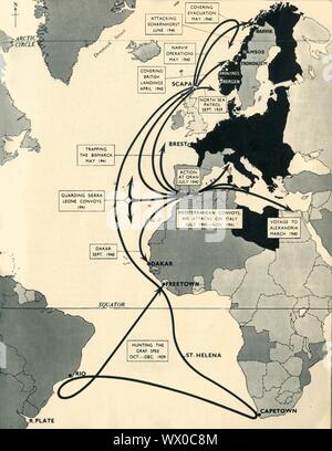 Carte montrant les mouvements de 'HMS Ark Royal', 1939-1941, (1942). Plan de l'océan Atlantique, l'Europe de l'ouest et d'Afrique, voyages et missions principal indiquant de la Marine royale britannique 'porte-avions Ark Royal' pendant la Seconde Guerre mondiale : la chasse du "Graf Spee", octobre-décembre 1939 ; la garde des convois de la Sierra Leone, 1941 ; piégeage l 'Bismarck', mai 1941 ; couvrant les débarquements britanniques, avril 1940 ; attaquer 'Scharnhorst', juin 1940 ; couvrant l'évacuation, mai 1940 ; Opérations de Narvik, mai 1940 ; patrouille de la mer du Nord, septembre 1939 ; l'action à Oran, en juillet 1940 ; la Méditerranée convois, Attac Air Banque D'Images