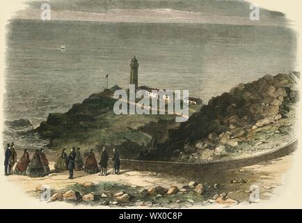 'La reine visite phare de South Stack, Holyhead, sur le retour d'Irlande", 1853, (1861). La reine Victoria (1819-1901) et sa famille ont visité le phare de South Stack en septembre 1853. Le phare, construit en 1809, se dresse sur le sommet d'une petite île au large de la côte nord-ouest de l'île sacrée, Anglesey, Pays de Galles. Banque D'Images