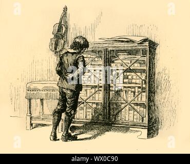 'Le regard à sa couvre par le treillis Portes de l'armoire", (1907). La dix-année-vieux Bach regardant une partition enfermé par son frère aîné : 'Pendant plusieurs jours passé, il avait passé des heures dans l'absence de son frère en regardant son couvre par le treillis portes de l'armoire, et de fête ses yeux sur les noms des musiciens qui ont été écrits sur l'arrière en caractères gras dans la main. resmairhof' un épisode de la vie du compositeur allemand Johann Sebastian Bach (1685-1750). À partir de "Story-Lives de grands musiciens", par F.J. Rowbotham. [Wells Gardner, Darton &AMP ; Co. Ltd, Londres, Banque D'Images