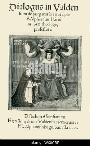 Louis XII, 1509, (1907). Portrait du Roi Louis XII de France (1462-1515), assis sur un trône, avec l'Ange tenant une couronne sur sa tête. Le frère dominicain Alphonse Ricius s'agenouille comme il l'offre Louis une copie de son travail, "Dialogus dans Valdensium de purgatorio errorem" [Josse Bade, Paris, 1509]. À partir de "Exposition de portraits, peints et dessin&# xe9;s", (exposition de portraits dessinés et peints), catalogue de la Biblioth&# xe8;que nationale, avril-juin 1907. [Librairie Centrale des Beaux-Arts, Paris, 1907] Banque D'Images