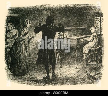 'Un signe en silence pour le reste de le suivre", (1907). Le jeune Haendel est découvert l'épinette dans un grenier de nuit : '....faible des sons musicaux provenant de derrière la porte fermée...le maître levé doucement le loquet, et, après avoir jeta dans la pièce, l'appelait en silence à la suite de le suivre...pour là, assis devant l'épinette, la robe blanche était la figure de l'enfant, son visage tourné vers la moitié, et ses yeux, comme il a capturé la lumière de la lanterne, révélant le rêveur, une expression de l'un qui est perdu à tout autour de la terre." Un épisode de la vie de l'allemand Banque D'Images