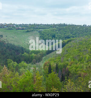 Forêt de printemps, ravine et village de Jazlovets castle ruins, Région de Ternopil, Ukraine Banque D'Images