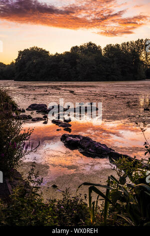 Le lever du soleil sur un petit lac appelé Liden Lagoon à Swindon, Wiltshire. Banque D'Images