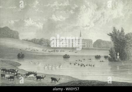 Petworth Park', '1835. Maison de campagne classé Grade I, reconstruit en 1688 par Charles Seymour et connu pour une collection d'art faite par George Wyndham. A Petworth Park, le plus grand troupeau de daims en Angleterre et a été paysagé par Capability Brown. Gravure sur acier Par William Westall après Thomas Henwood. À partir de "l'histoire, les antiquités, et la topographie du comté de Sussex, le second volume", par Thomas Walker Horsfield, F.S.A. [Baxter, Sussex, Lewes ; MM. Nichols et Fils, London, (1835)] Banque D'Images