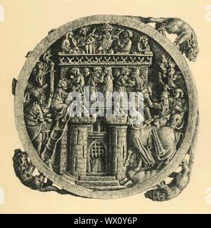 Miroir d'Ivoire cas illustrant l'assaut du château de l'amour, début-milieu du xive siècle, (1881). Eau-forte d'un miroir circulaire cas squared off par bornes de coin dans la forme de lions accroupis, 1325-1350 Fait à Paris. À partir de "le South Kensington Museum", un livre d'illustrations gravées, avec des descriptions, des oeuvres d'art de la collection du Victoria & Albert Museum, à Londres (anciennement connu sous le nom de South Kensington Museum). [Sampson Low, Marston, Searle et Rivington, Londres, 1881] Banque D'Images