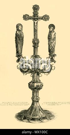 Autel ramifiés cross, 14e-15e siècle, (1881). Eau-forte d'une parcelle d'argent doré, le crucifix croix faite c1350, et les chiffres et faits de base 1464-1474 par Hans Rutenzwig ou son atelier, à Bâle, Suisse. La croix est décorée avec des émaux et des perles et montre le Christ crucifié entouré de la Vierge Marie et saint Jean. La croix était en même temps une partie de la trésor de la cathédrale de Bâle. À partir de "le South Kensington Museum", un livre d'illustrations gravées, avec des descriptions, des oeuvres d'art de la collection du Victoria & Albert Museum, à Londres (anciennement connu sous le nom de S Banque D'Images