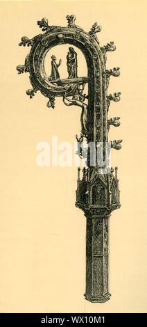 La Reichenau Crozier, 1351, (1881). Gravure sur cuivre une dorure crozier pris dans le milieu du 14e siècle, probablement à Konstanz en Allemagne. Une crosse est un escroc pastorale en forme le personnel a comme symbole d'autorité et la pastorale d'un évêque ou d'abbé. Cet exemple est partiellement incrustés d'émail translucide sur argent et serti de pierres précieuses. Il a été administré par Eberhard de Brandis, abbé du monastère de l'île de Reichenau sur le lac de Constance (Allemagne), 1343-1379. L'inscription indique que la crosse, bien que faite pour Eberhard, (la figure montre la prière à la Vierge et l'enfant), a été commandé par th Banque D'Images