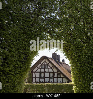 Maison à pans de bois d'un mètre de haut derrière haie avec voûte, Monschau, Eifel, Allemagne, Europe Banque D'Images