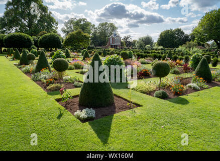 Parterre de fleurs et de topiaires à Wesbury Jardin Cour un style hollandais du 17ème siècle les jardins d'eau à Westbury sur Severn Gloucestershire UK Banque D'Images