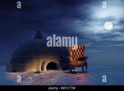 Fauteuil de luxe dans paysage d'hiver et d'igloo (concept 3d) Banque D'Images