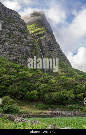 Cascata do Poço do Bacalhau, une chute sur l'île de Flores aux Açores, Portugal. Banque D'Images