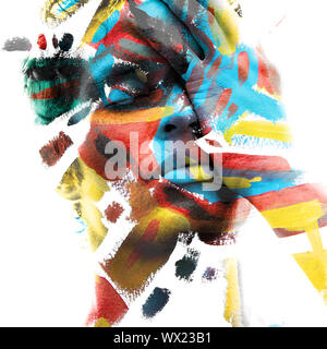 Paintography. Double exposition portraits dessinés à la main, mélangés à la peinture avec pinceau texture sur fond blanc Banque D'Images