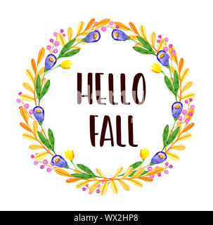 Aquarelle automne floral frame. Fleurs violet et orange feuilles sur un fond blanc. Illustration à la main. Bonjour lettrage automne Banque D'Images