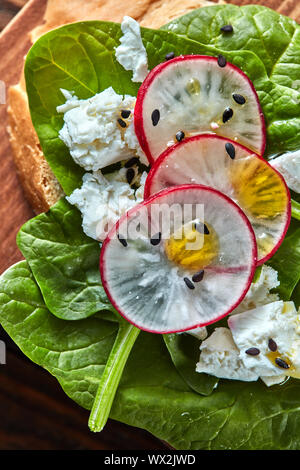 Sandwichs sains lumière avec du pain toasts, fromage doux et des radis, des épinards biologiques recueillies sur une planche de bois. Fermer- Banque D'Images