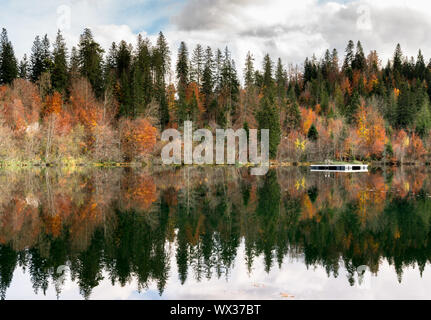 La couleur de l'automne et le feuillage des forêts entourent une paysage lac de montagne idyllique dans les Alpes de Suisse Banque D'Images