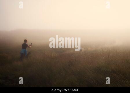 Un chien walker de prendre une photo de son chien sur Crompton Moor dans la brume matinale Banque D'Images