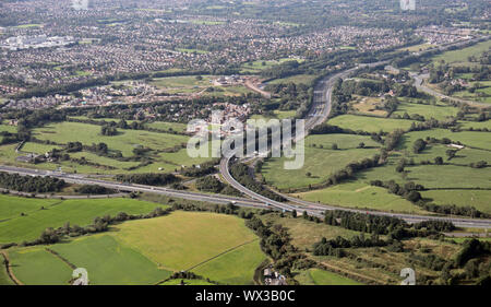 Vue aérienne de l'autoroute M6 M55 Junction échangeur à Fulwood près de Preston, Lancashire, UK Banque D'Images