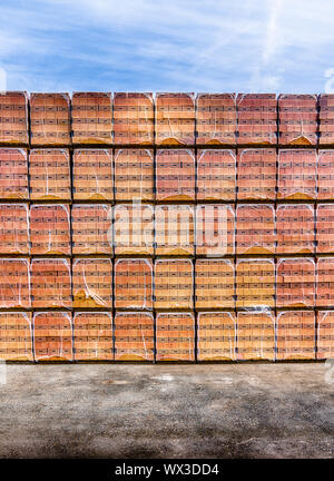 Hautes cheminées de briques orange en stock et prêts à être expédiés aux constructeurs sous un ciel bleu et sur la b Banque D'Images