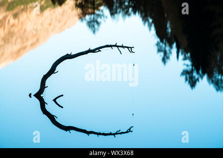 Réflexions de ligne de pêche pris sur bois flottant dans un lac de montagne idyllique calme Banque D'Images