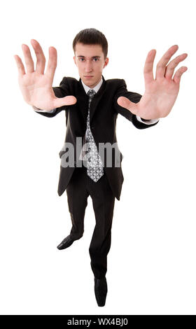 Prise de vue au grand angle de l'homme de race blanche personne en tailleur sur blanc Banque D'Images