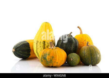 Still Life with ornamental gourds isolé sur fond blanc Banque D'Images