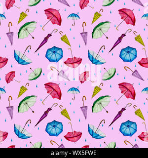 Motif Aquarelle avec parasols et de la pluie. Banque D'Images