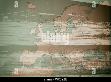 Carte de l'Europe sur un fond de bois, texture, image floue Banque D'Images