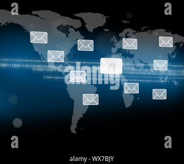 Symboles de message flottant dans l'avant de la carte du monde avec un code binaire Banque D'Images