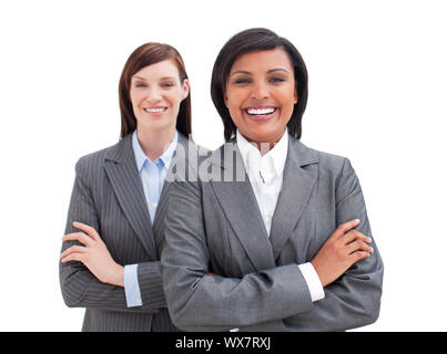Close-up of two business women against a white background Banque D'Images