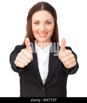 Young businesswoman with Thumbs up against a white background Banque D'Images