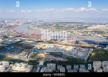 Vue aérienne de l'estuaire de la rivière Huangpu, Banque D'Images