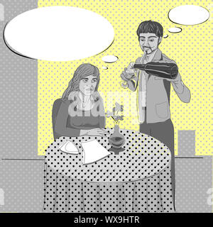 Pop art illustration dessiné à la main de deux personnes conversation dans un restaurant confortable avec des bulles style BD Banque D'Images