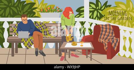 Vector illustration de Mari et femme pour le déjeuner, le dîner ou le petit déjeuner sur la terrasse dans le jardin. Dessin à la main dans l'air extérieur de la famille Illustration de Vecteur