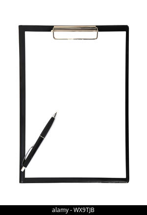 Presse-papiers et un stylo sur un fond blanc Banque D'Images