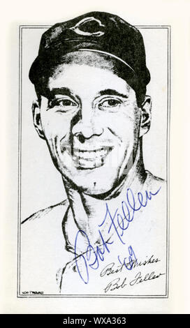 Portrait autographiée de Hall of Fame pitcher Bob Feller qui a joué dans les années 30, 40s et 50s avec les Indians de Cleveland de la Ligue américaine. Banque D'Images