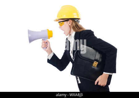 Woman with hard hat isolated on white Banque D'Images