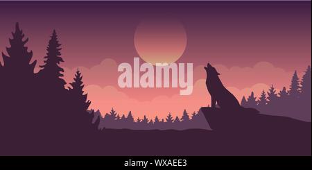 Le loup hurle à la pleine lune blue mystic nature paysage vector illustration EPS10 Illustration de Vecteur