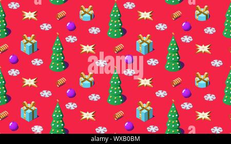 Noël et Nouvel An isométriques seamless pattern. Répéter avec motif de Noël arbre de Noël, des boîtes-cadeaux, jouets balle, star de la spirale d'or et ruban. W Illustration de Vecteur
