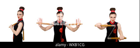 Femme drôle avec nunchucks isolated on white Banque D'Images