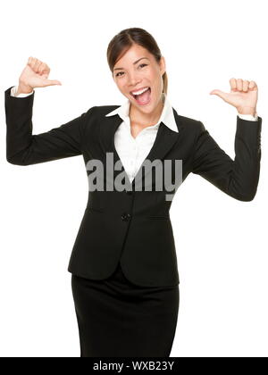 Cheerful confident young business woman pointing at elle-même heureux d'encouragement. Belle mixed race Woman / modèle féminin asiatique. Banque D'Images