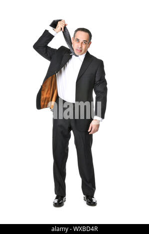 Businessman in a suit gesturing suicide isolé sur fond blanc Banque D'Images