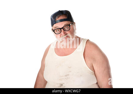 Fat Man en tee shirt sur fond blanc Banque D'Images