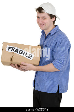 Maintenez l'homme boîte en carton avec l'inscription 'fragile' à part Banque D'Images